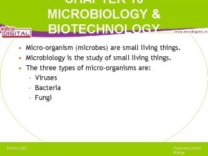 CHAPTER 16 MICROBIOLOGY BIOTECHNOLOGY Microorganism microbes are small