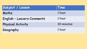 Subject Lesson Time Maths 1 hour English Leavers