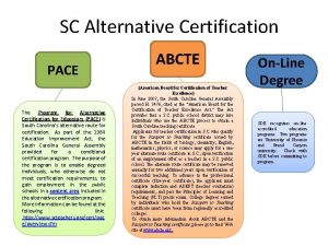 SC Alternative Certification PACE The Program for Alternative