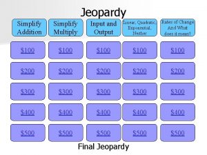 Jeopardy Simplify Addition Simplify Multiply Input and Output