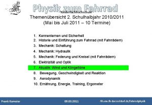 Physik zum Fahrrad Kinderfachhochschule Themenbersicht 2 Schulhalbjahr 20102011