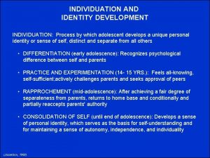 INDIVIDUATION AND IDENTITY DEVELOPMENT INDIVIDUATION Process by which