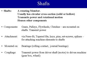 Shafts Shafts A rotating Member Usually has circular