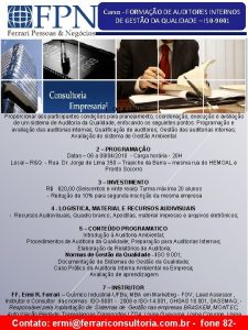 Curso FORMAO DE AUDITORES INTERNOS DE GESTO DA