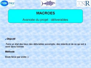 MACROES Avance du projet dliverables Objectif Faire un