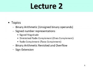 Lecture 2 Topics Binary Arithmetic Unsigned binary operands
