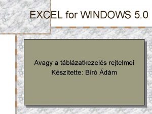 EXCEL for WINDOWS 5 0 Avagy a tblzatkezels