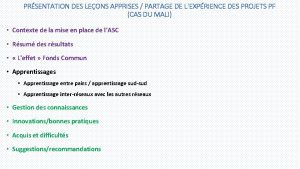 PRSENTATION DES LEONS APPRISES PARTAGE DE LEXPRIENCE DES