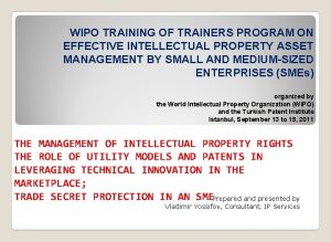 WIPO TRAINING OF TRAINERS PROGRAM ON EFFECTIVE INTELLECTUAL