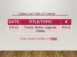 Update your Table of Contents DATE TITLETOPIC Fill