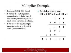 Multiplier Example Example 101 x 011 Base 2