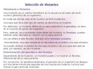 Seleccin de Mutantes Mutaciones y Mutantes Una mutacin