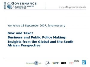 www sfbgovernance de Workshop 18 September 2007 Johannesburg