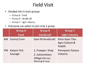 Field Visit Divided into 3 main groups Group