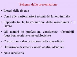 Schema della presentazione Ipotesi della ricerca Cenni alle