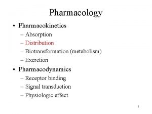 Pharmacology Pharmacokinetics Absorption Distribution Biotransformation metabolism Excretion Pharmacodynamics