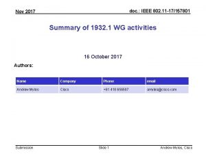 doc IEEE 802 11 17157801 Nov 2017 Summary