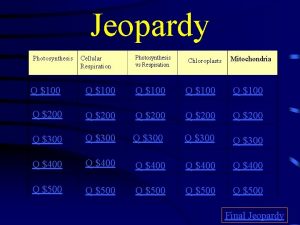 Jeopardy Photosynthesis Cellular Respiration Photosynthesis vs Respiration Chloroplasts