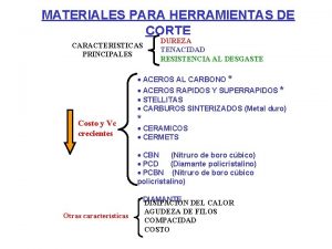 MATERIALES PARA HERRAMIENTAS DE CORTE CARACTERISTICAS PRINCIPALES DUREZA