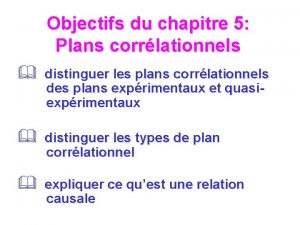 Objectifs du chapitre 5 Plans corrlationnels distinguer les