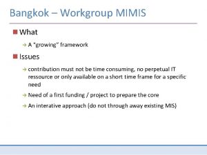 Bangkok Workgroup MIMIS What A growing framework Issues