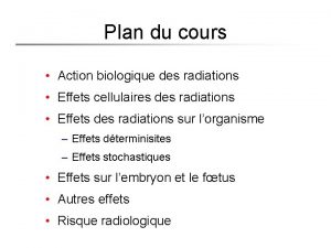 Plan du cours Action biologique des radiations Effets