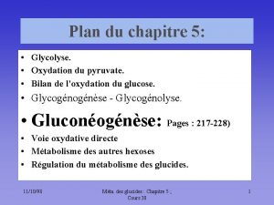 Plan du chapitre 5 Glycolyse Oxydation du pyruvate