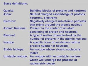 Some definitions Quarks Atom Building blocks of protons