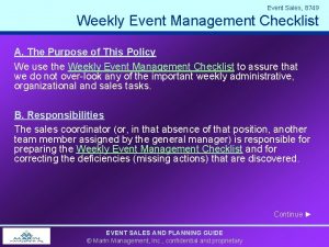 Event Sales 8749 Weekly Event Management Checklist A