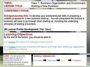 TOPIC LESSON TITLE Topic 1 Business Organization and