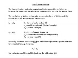 Coefficient of Friction The force of friction is
