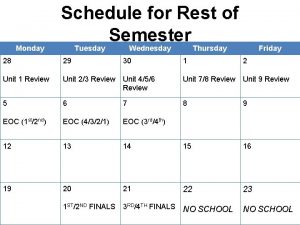 Monday Schedule for Rest of Semester Tuesday Wednesday