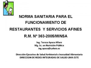 NORMA SANITARIA PARA EL FUNCIONAMIENTO DE RESTAURANTES Y