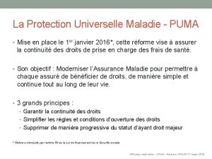 La Protection Universelle Maladie PUMA Mise en place