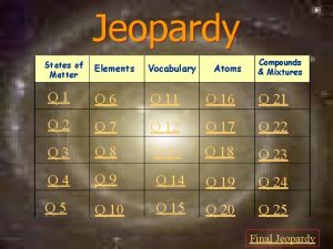 Jeopardy States of Matter Atoms Compounds Mixtures Elements