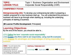 TOPIC LESSON TITLE Topic 1 Business Organization and