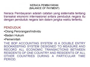 NERACA PEMBAYARAN BALANCE OF PAYMENT Neraca Pembayaran adalah