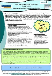 Accredited National PSHE CPD Programme Improving Teaching and