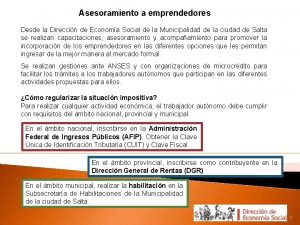 Asesoramiento a emprendedores Desde la Direccin de Economa