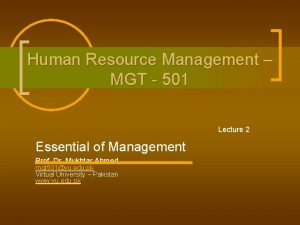 Human Resource Management MGT 501 Lecture 2 Essential