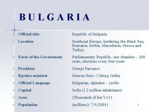 BULGARIA Official title Republic of Bulgaria Location Southeast