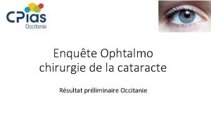Enqute Ophtalmo chirurgie de la cataracte Rsultat prliminaire
