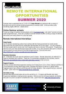 REMOTE INTERNATIONAL OPPORTUNITIES SUMMER 2020 Summer plans suspended