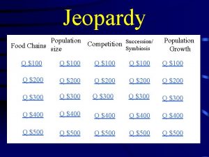 Jeopardy Population Succession Competition Food Chains size Symbiosis