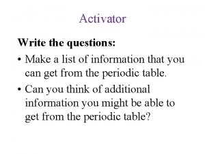 Activator Write the questions Make a list of