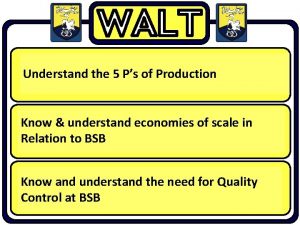 Understand the 5 Ps of Production Know understand