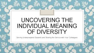 UNCOVERING THE INDIVIDUAL MEANING OF DIVERSITY Serving Underprepared