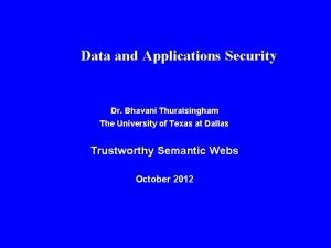 Data and Applications Security Dr Bhavani Thuraisingham The