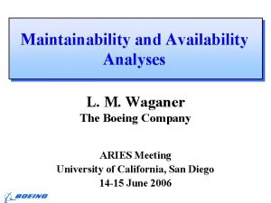 Maintainability and Availability Analyses L M Waganer The