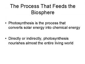 The Process That Feeds the Biosphere Photosynthesis is